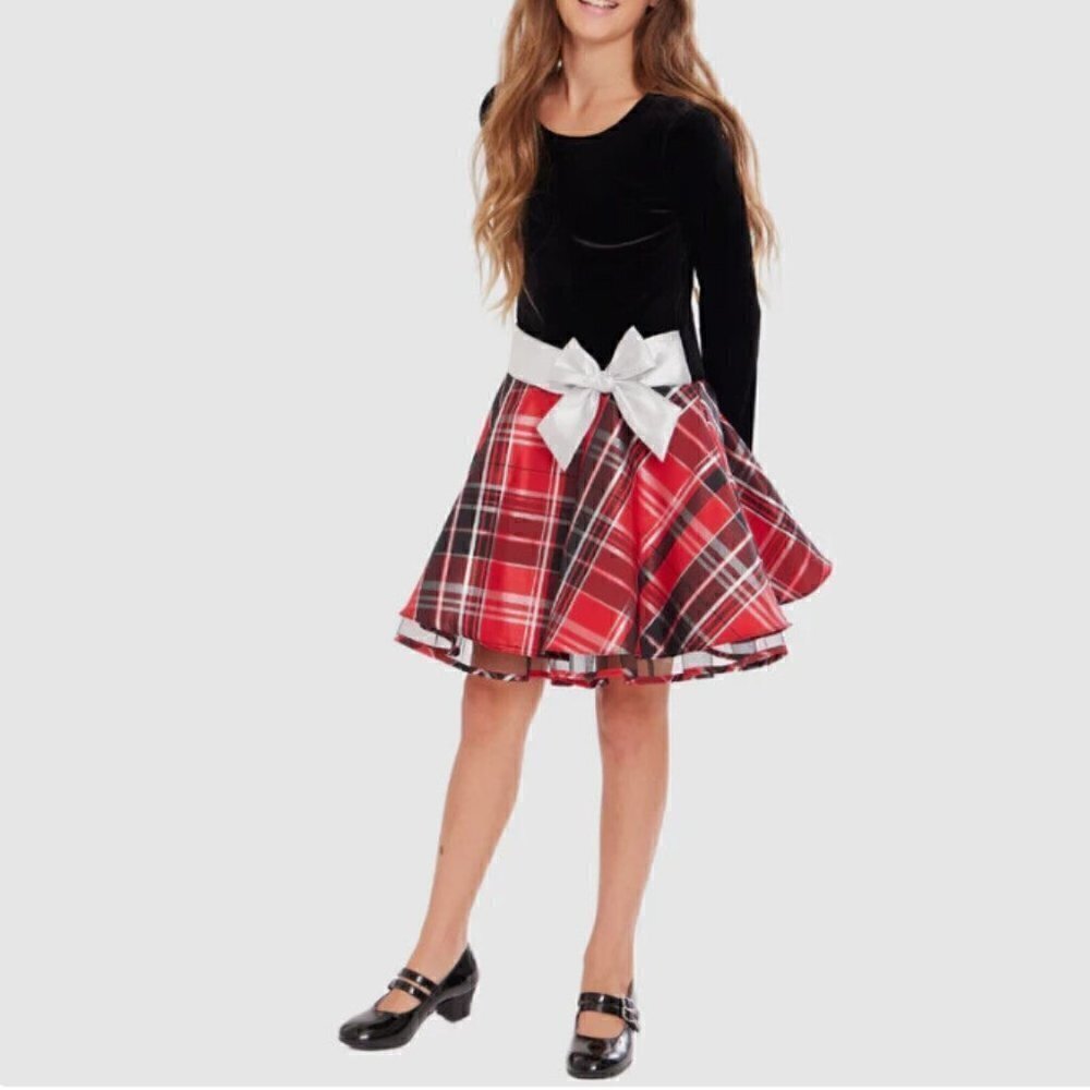 Bonnie Jean NWOT Lucy Girl's Long Sleeve Velvet Black Red & Silver Plaid Size 12